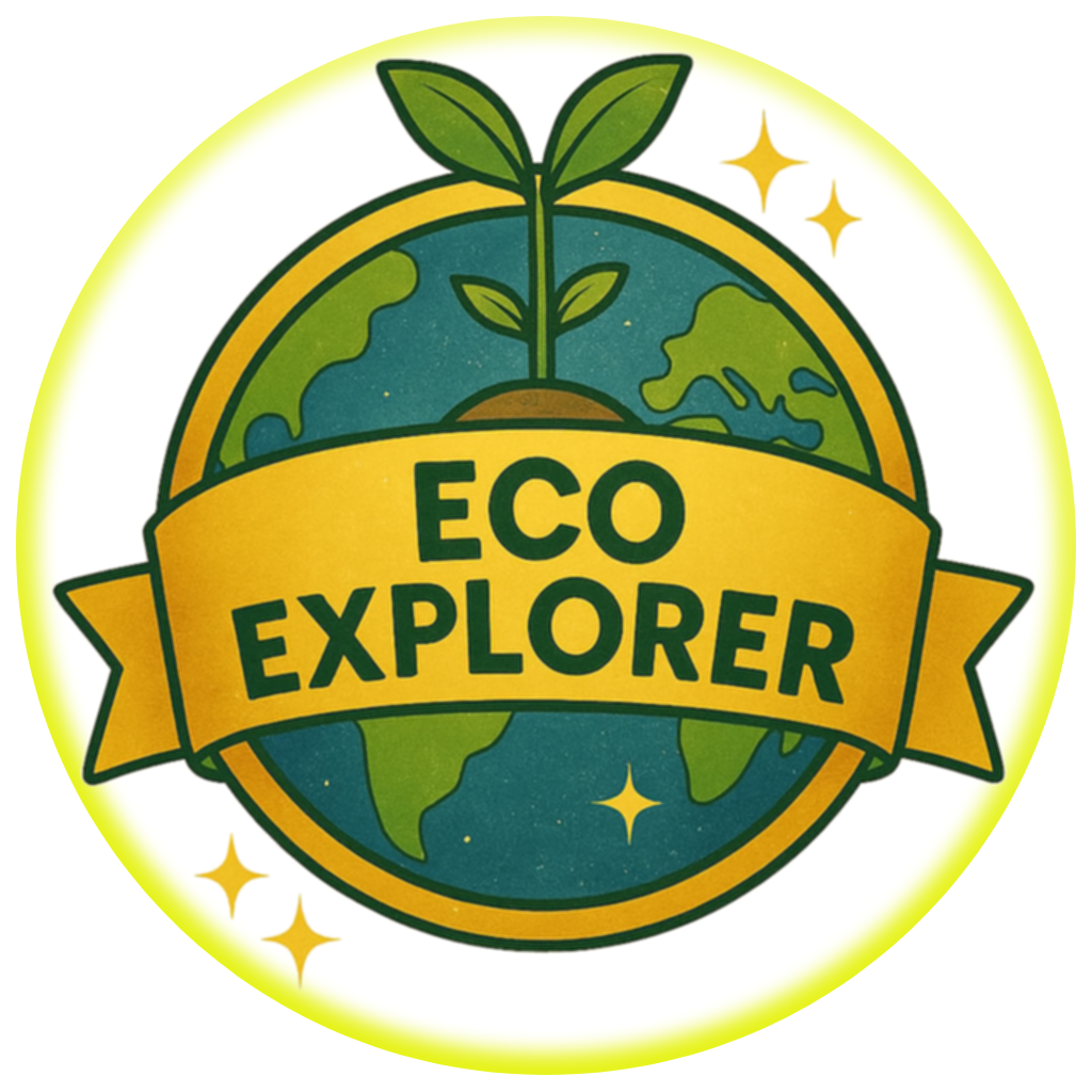 Tardiverse Eco Explorer digital badge with glowing holographic tardigrade emblem in cyan and purple, displaying "Awakened" status. Earned by supporting environmental causes through character merchandise purchase. Downloadable and shareable proof of real-wo